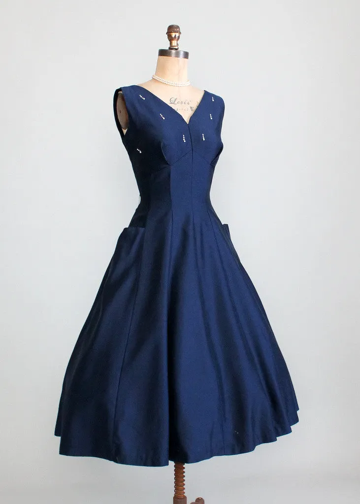 Vintage 1950s Navy Fit and Flare Cocktail Dress