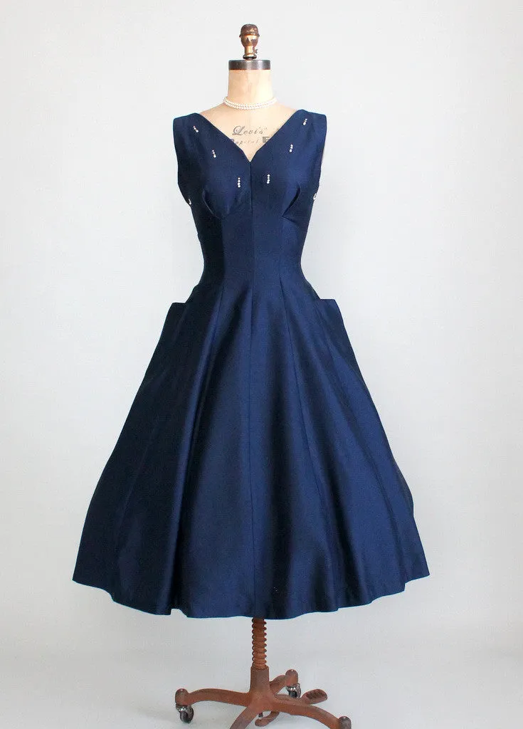 Vintage 1950s Navy Fit and Flare Cocktail Dress