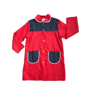 Vintage 60's Red/ Dark Blue Long Nylon School Blouse / Shirt French Made Size 6-8Y