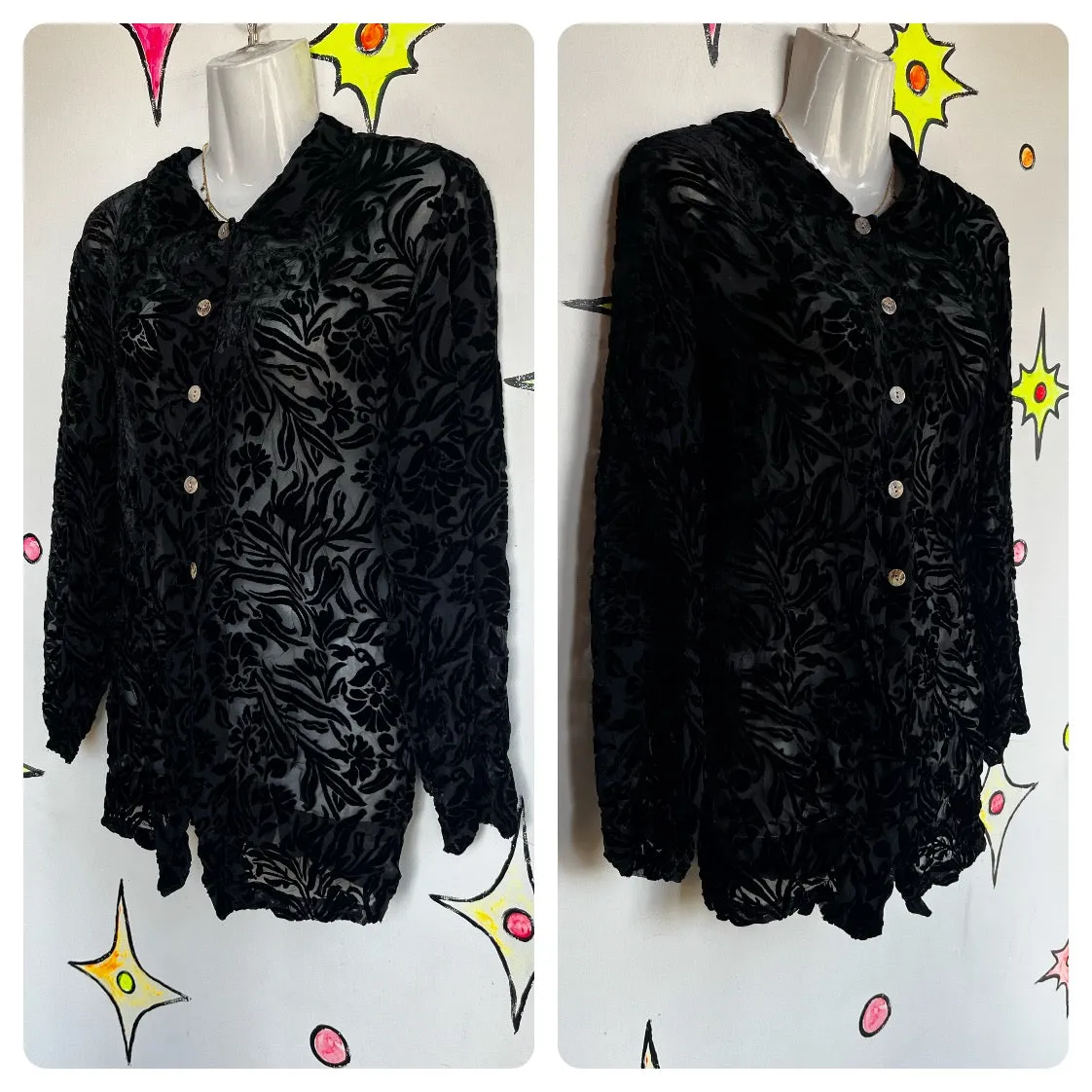 Vintage 90s Y2K | Black Fairy Grunge Whimsy Goth Velvet Burnout Blouse Top | M