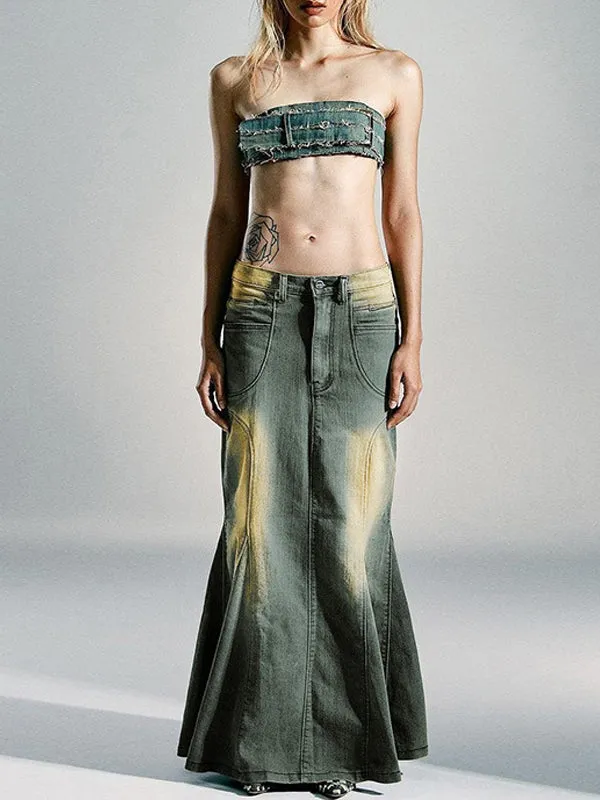 Vintage Gradient Denim Mermaid Skirt