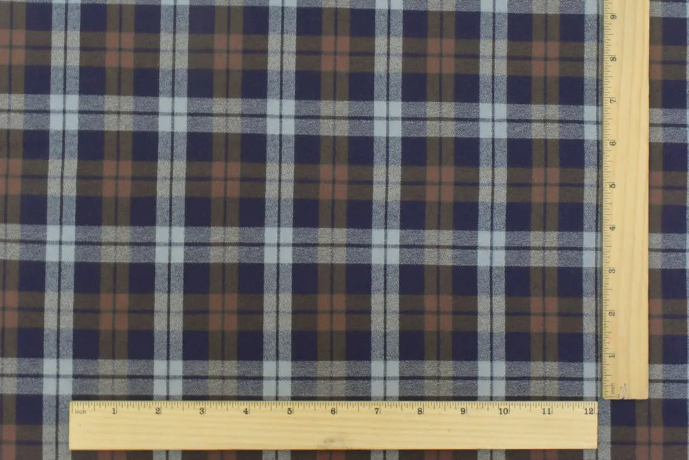 Vintage Navy-Brown-Gray Plaid Cotton Momie Woven Fabric