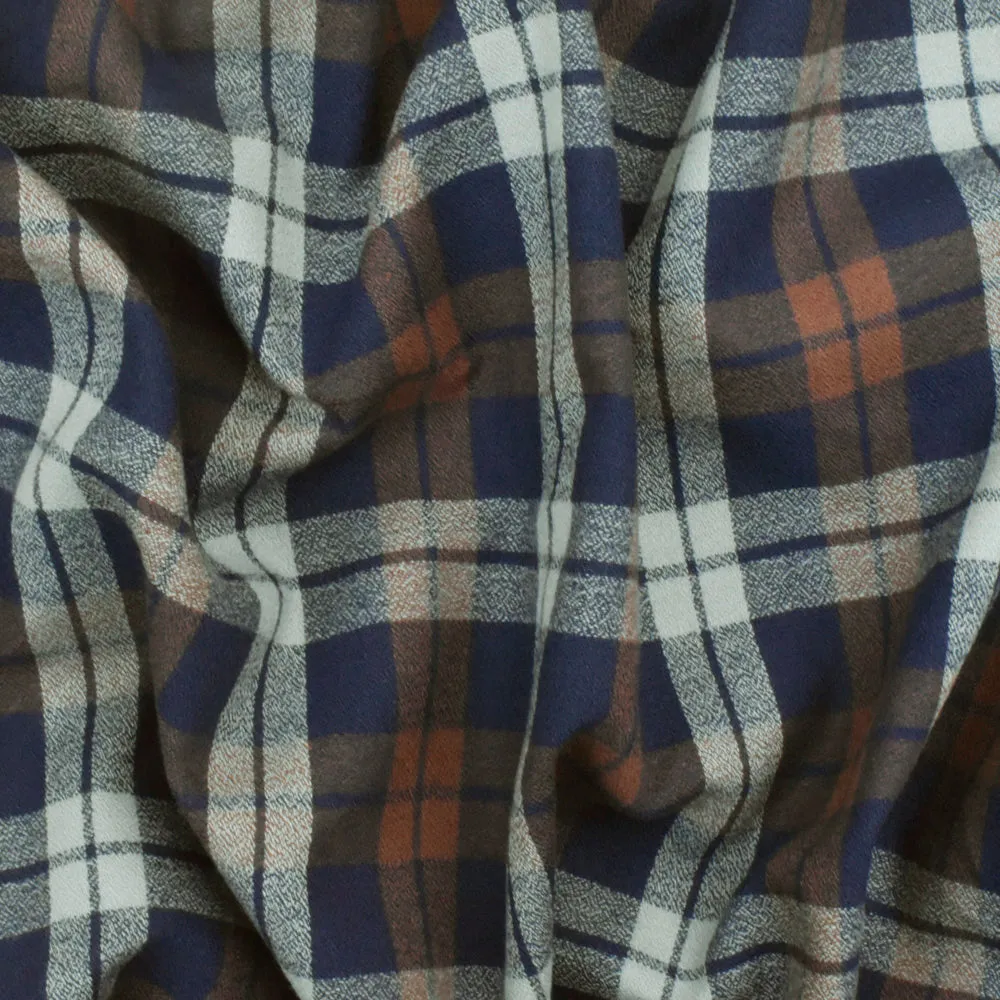 Vintage Navy-Brown-Gray Plaid Cotton Momie Woven Fabric