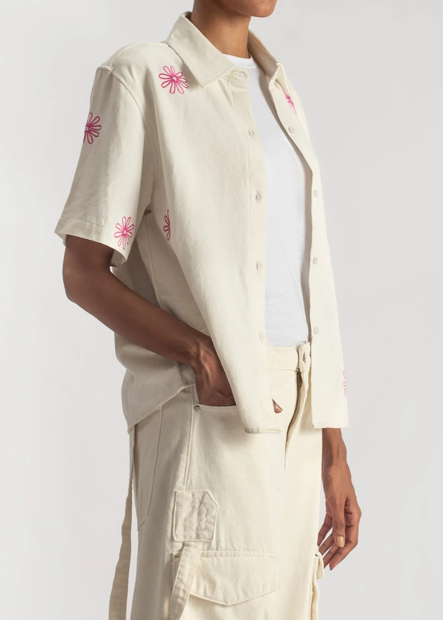 White Embroidered Boxy Shirt-Pink