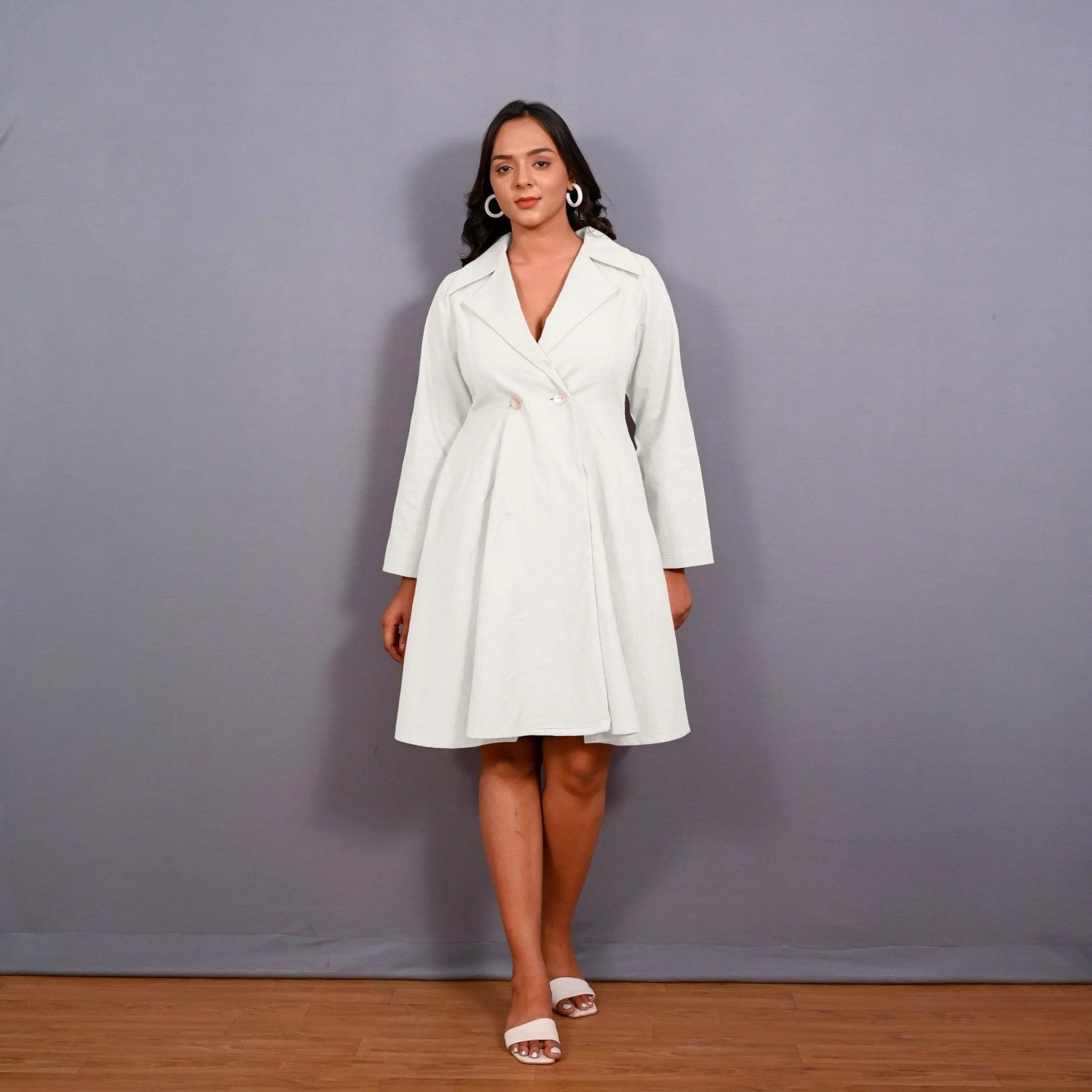 White Warm Cotton Flannel Fit and Flare Knee Length Blazer Dress