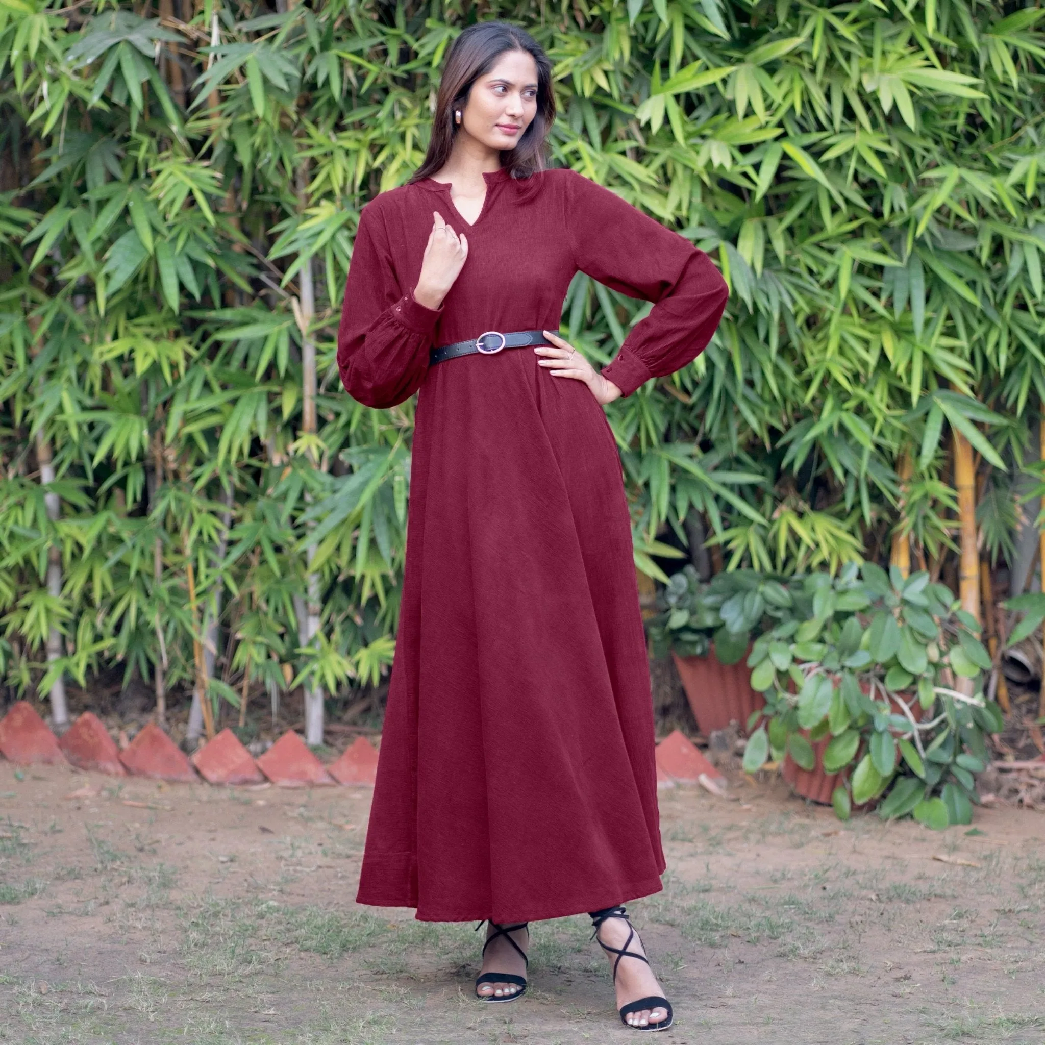 Wine Warm Cotton Corduroy Fit and Flare Maxi Dress