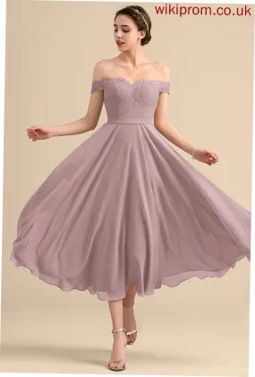 With Cocktail Beading Off-the-Shoulder A-Line Chiffon Lesley Dress Tea-Length Cocktail Dresses Lace