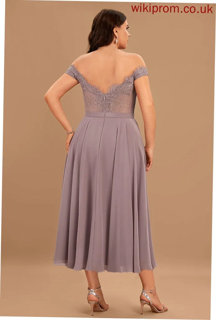 With Cocktail Beading Off-the-Shoulder A-Line Chiffon Lesley Dress Tea-Length Cocktail Dresses Lace