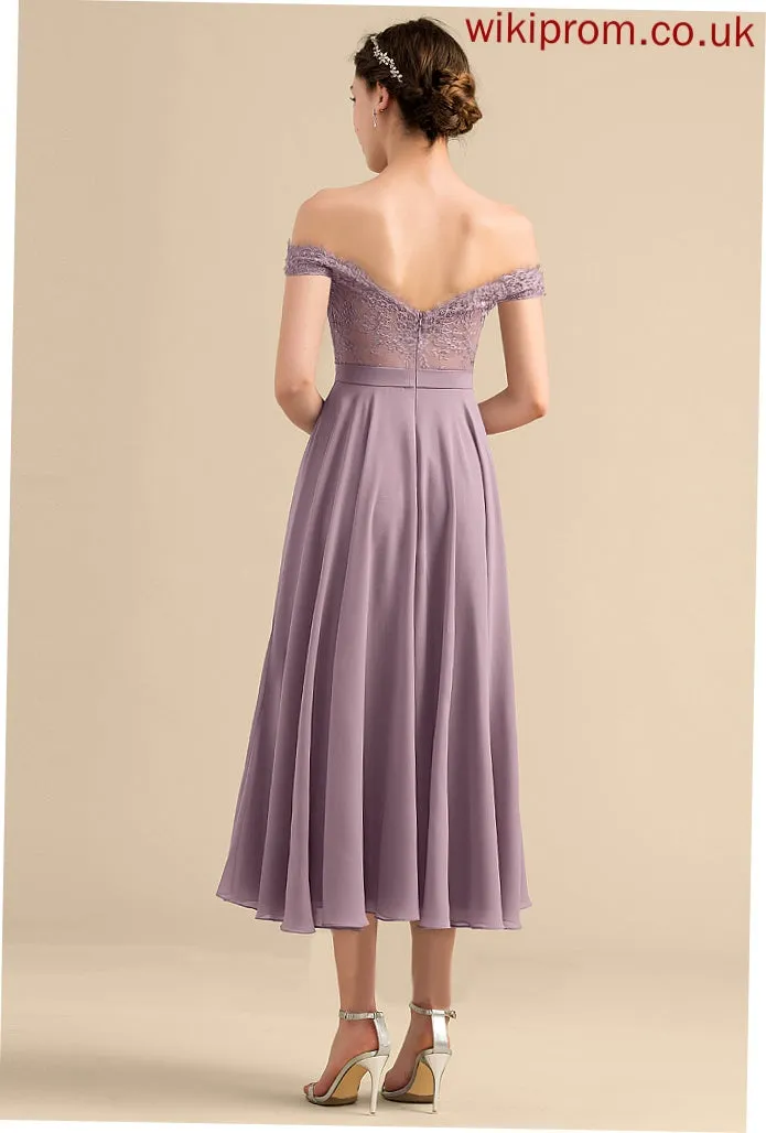 With Cocktail Beading Off-the-Shoulder A-Line Chiffon Lesley Dress Tea-Length Cocktail Dresses Lace