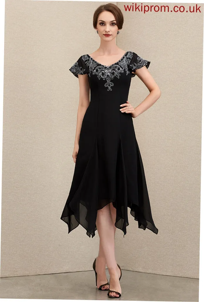 With Mother of the Bride Dresses of Dress Julia Tea-Length the A-Line V-neck Lace Bride Sequins Mother Chiffon