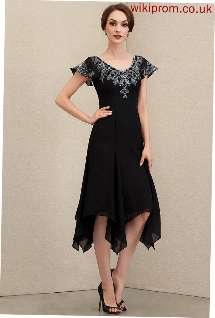 With Mother of the Bride Dresses of Dress Julia Tea-Length the A-Line V-neck Lace Bride Sequins Mother Chiffon