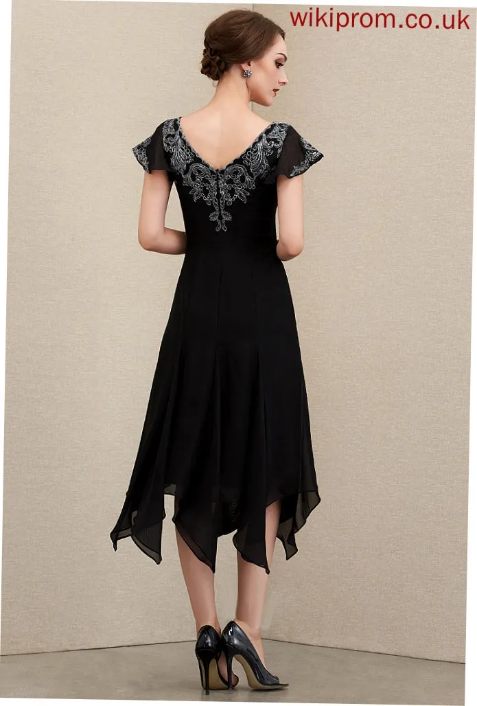 With Mother of the Bride Dresses of Dress Julia Tea-Length the A-Line V-neck Lace Bride Sequins Mother Chiffon