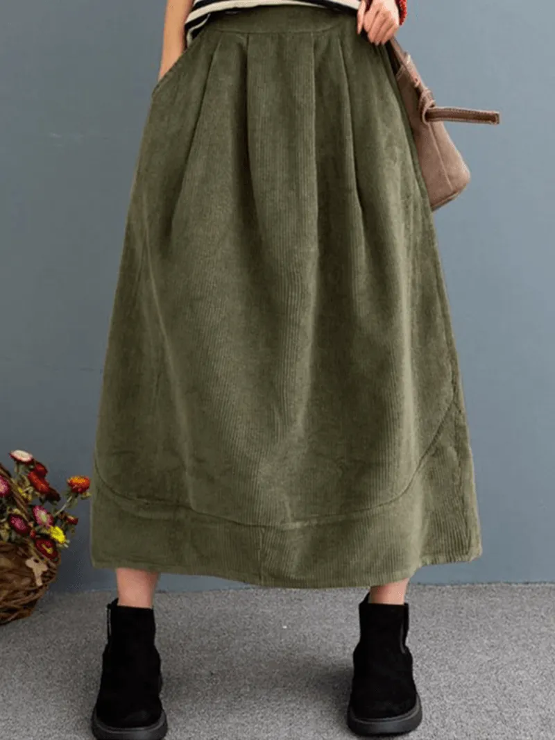 Women Corduroy Solid Elastic Waist Leisure Skirt with Side Pockets