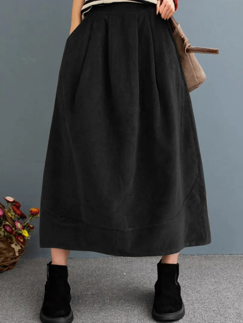 Women Corduroy Solid Elastic Waist Leisure Skirt with Side Pockets