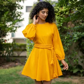 Yellow Cotton Poplin Fit and Flare Balloon Sleeves Short Dress