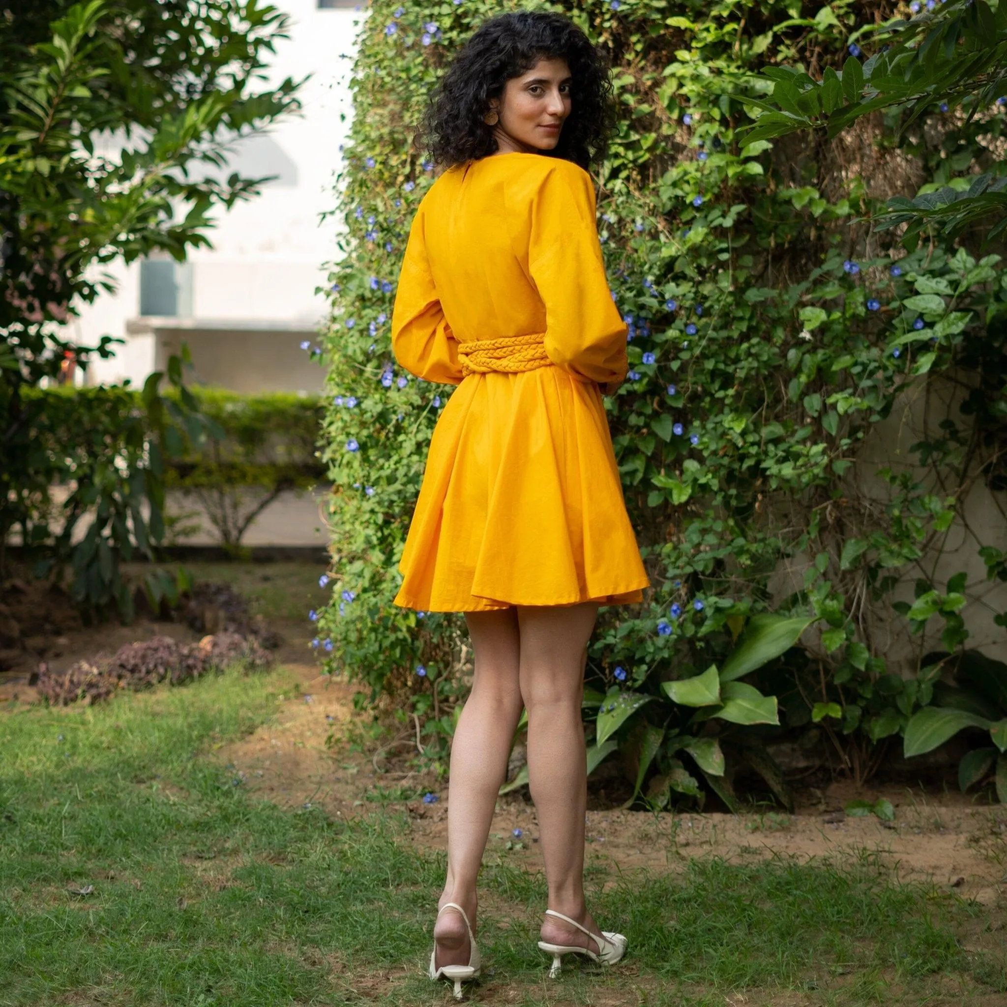 Yellow Cotton Poplin Fit and Flare Balloon Sleeves Short Dress