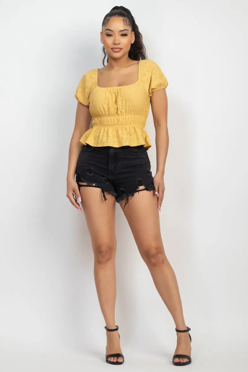 Yellow Eyelet Short Sleeve Top