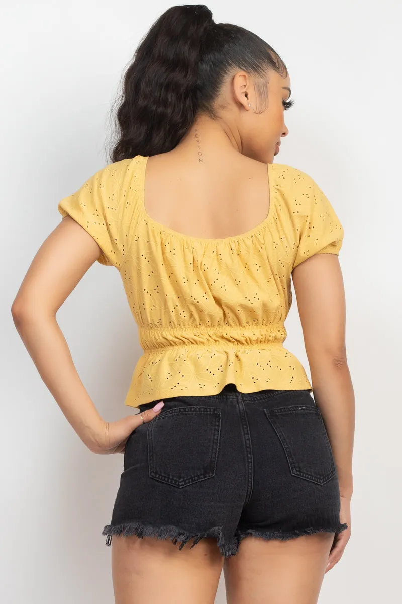 Yellow Eyelet Short Sleeve Top