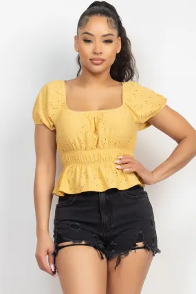 Yellow Eyelet Short Sleeve Top