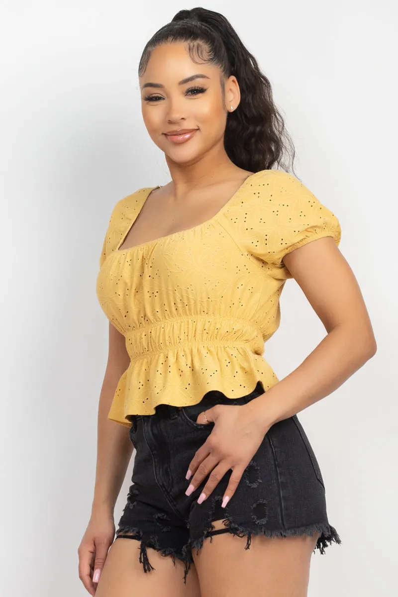 Yellow Eyelet Short Sleeve Top