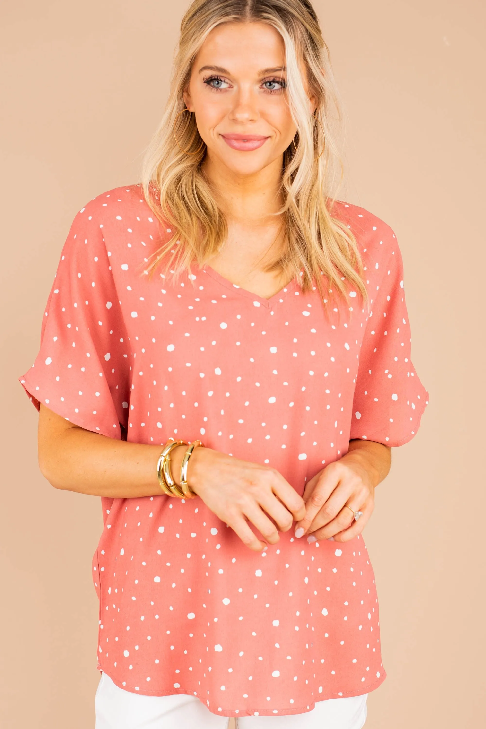 You Can Count On It Coral Pink Polka Dot Top