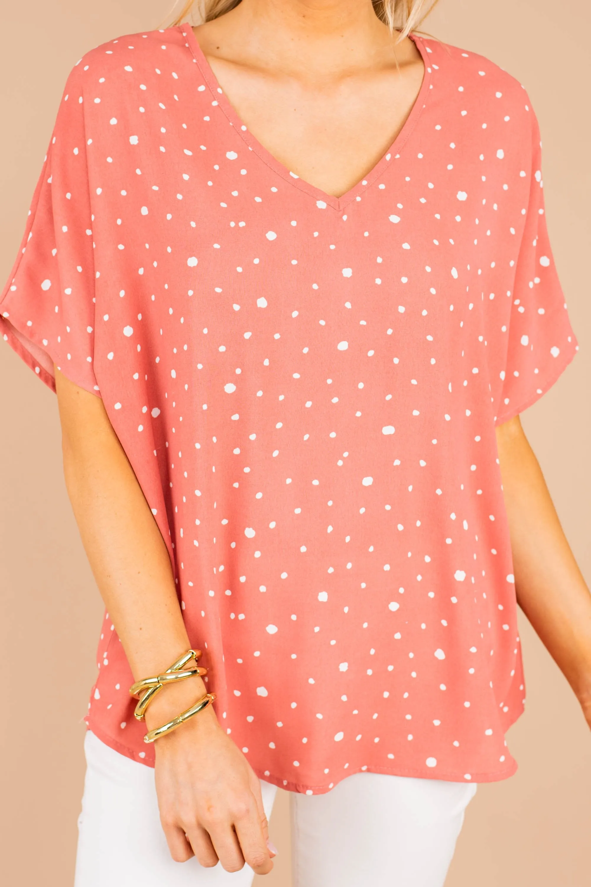 You Can Count On It Coral Pink Polka Dot Top